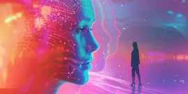 Banner zeigt eine zufriedene und lächelnde Userin, die im Rahmen der CUX mit technischen Anwendungen und Geräten interagiert.